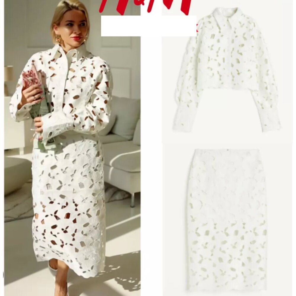 SKIRT H&M Limited Edition Midi White Eyelet Embroidery Satin Skirt size 6 NWT